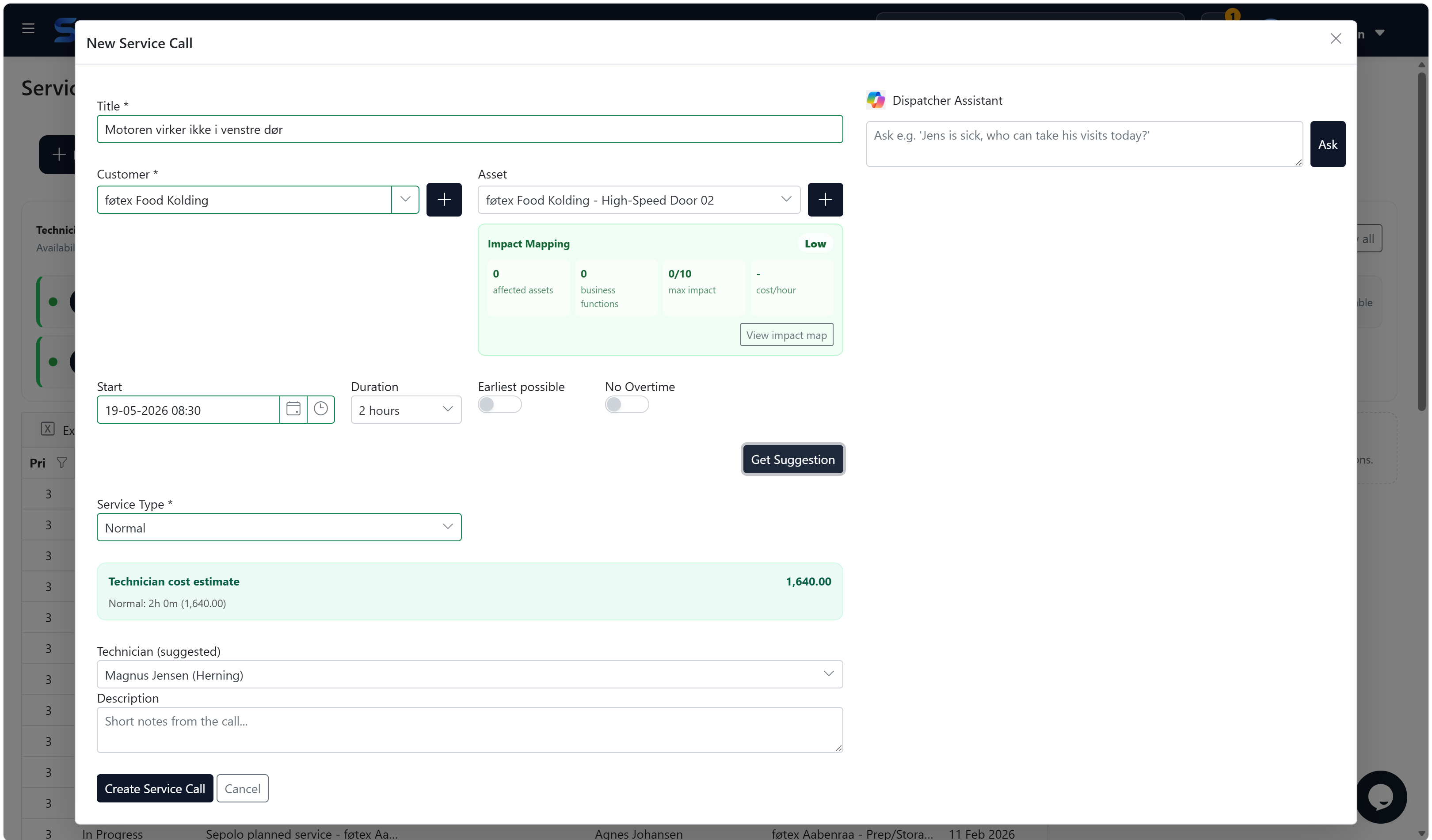 Sepolo new service call screen with Microsoft Copilot dispatcher assistant