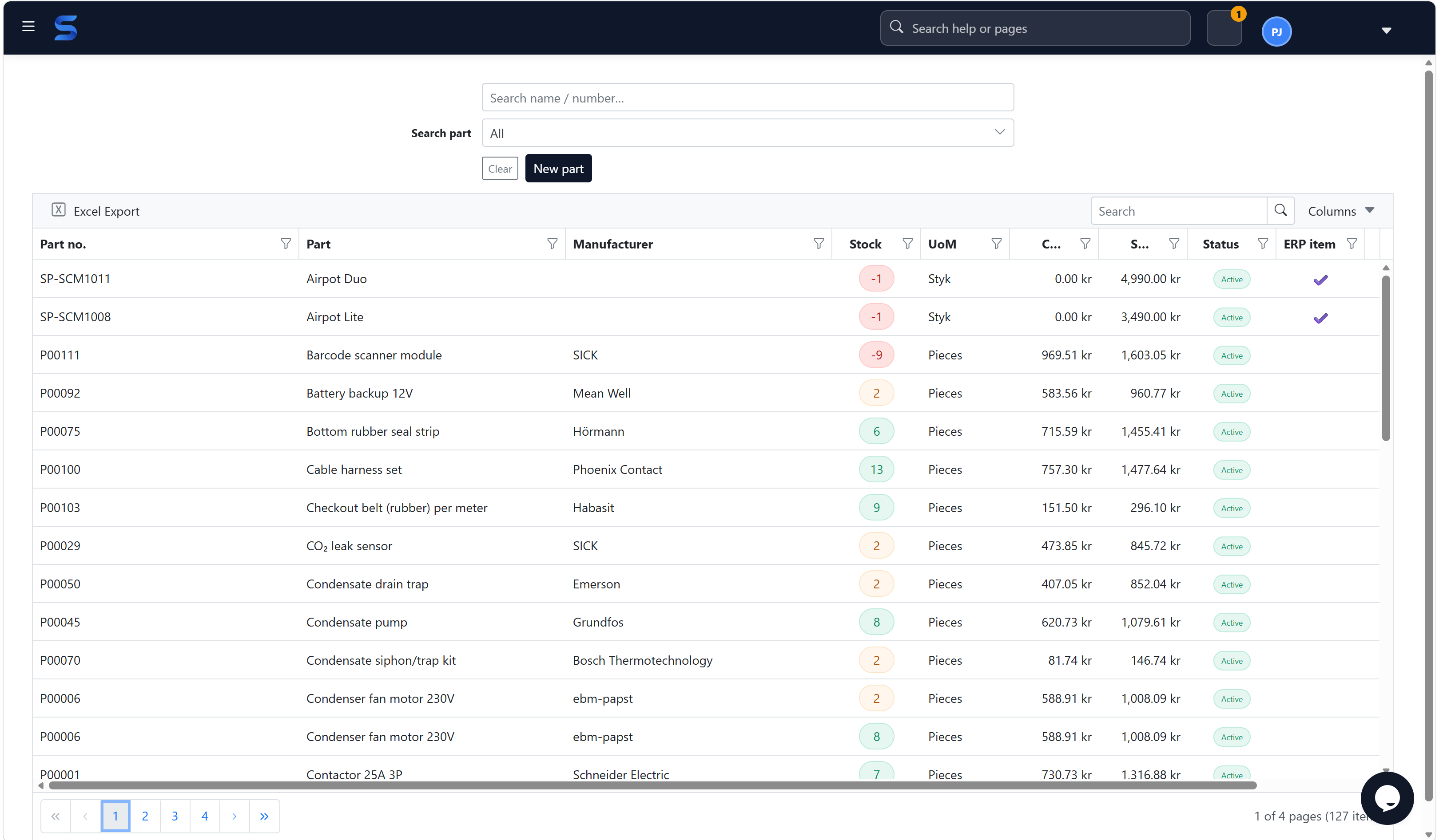 Sepolo stock list with spare parts, manufacturers, stock and ERP item status